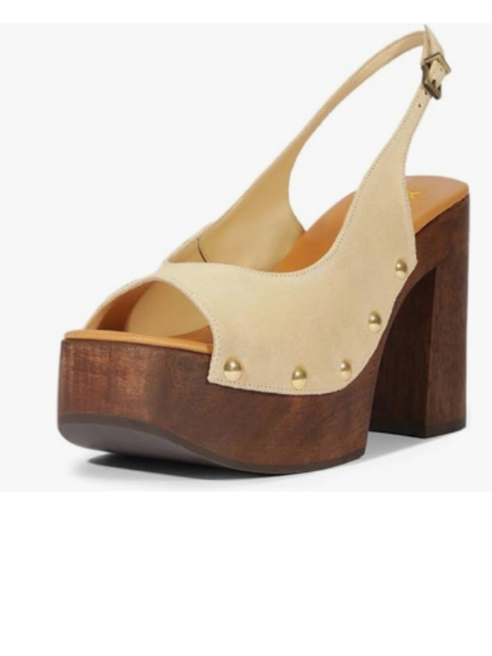 YDN Beige Rivet Studded Platform Chunky Block High Heeled Sandals Slingback Shoe